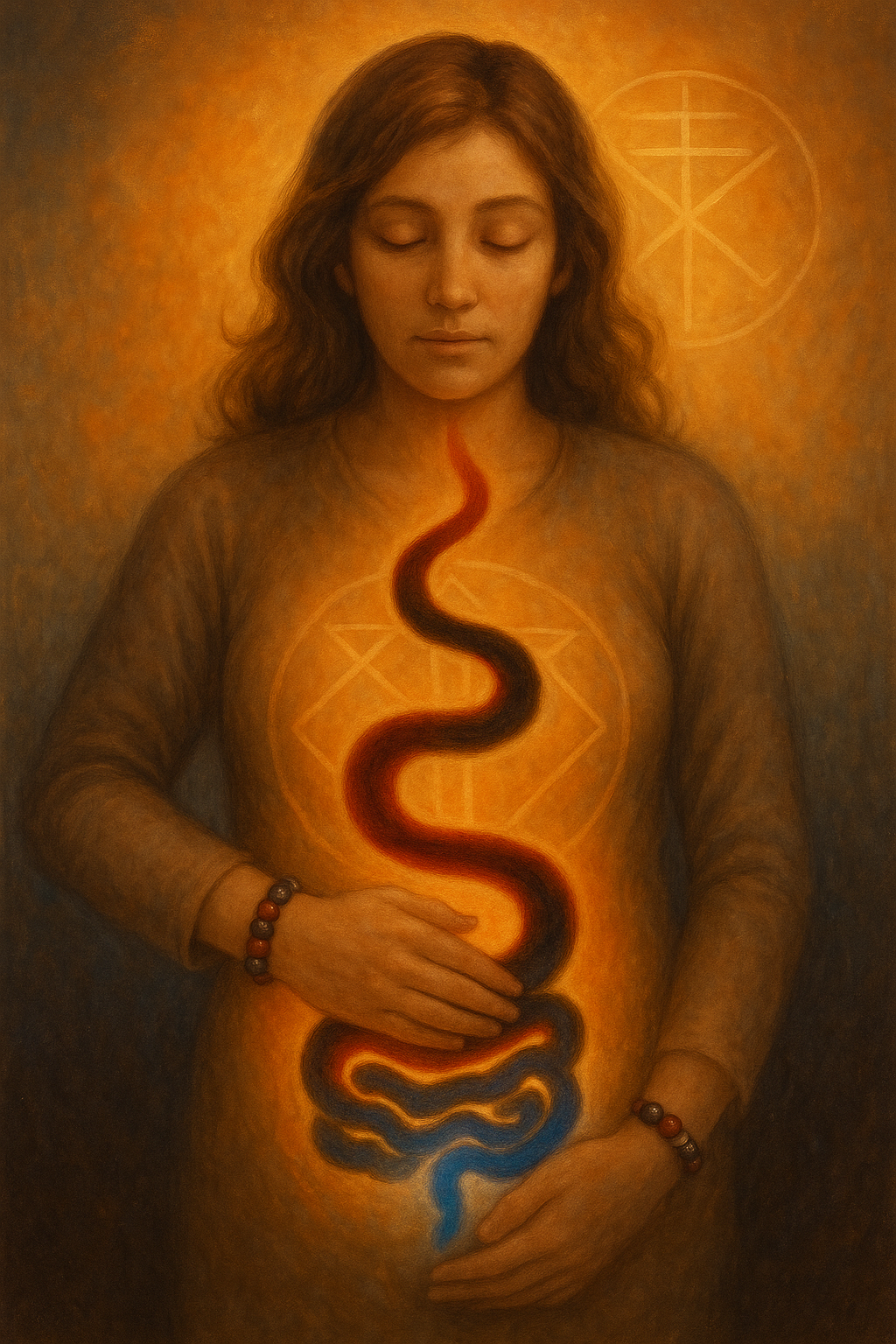Une silhouette debout, les mains posées sur le ventre, un fil lumineux rouge-noir-bleu qui serpente autour de l’intestin comme un serpent guérisseur Lithothérapie