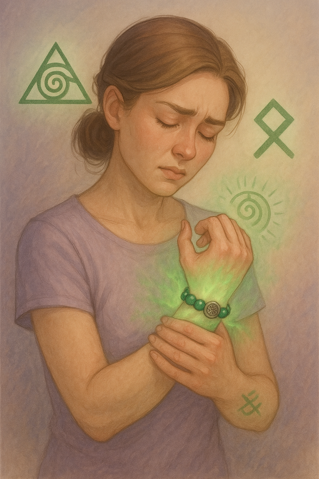 Femme tenant ses poignets douloureux, avec un bracelet Lithothérapie rayonnant sur l’un d’eux, une aura verte douce autour des articulations, et des symboles Atlantes