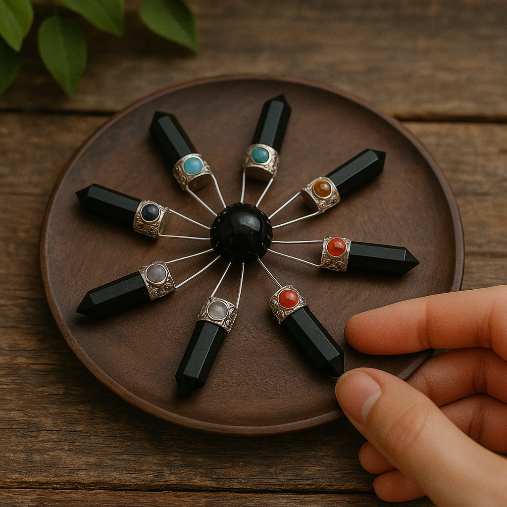 Cristal Atlante de protection et d'alignement des chakras, en étoile à huit pointes noires et sphère centrale, posé sur un plateau rond en bois rustique – outil chamanique de haute fréquence"