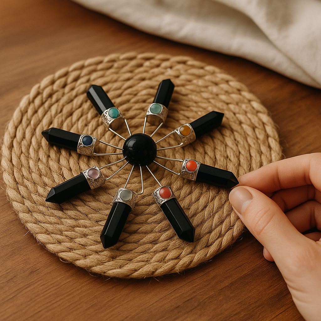 Générateur d'énergie chakras en forme d'étoile Atlante, avec obsidienne noire centrale et cabochons colorés, présenté sur un support en corde naturelle – outil de soin énergétique