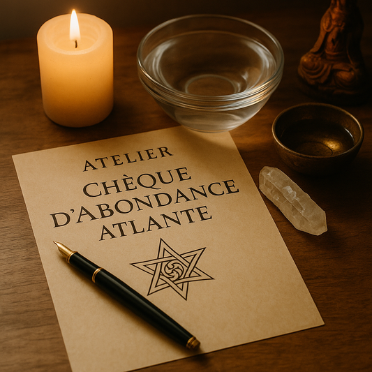 Rituel d’abondance Atlante avec eau, bougie, cristal et écriture sacrée – activation vibratoire en lien avec la loi divine universelle