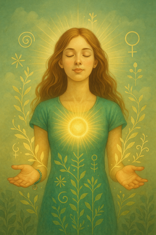  Femme ouvrant les mains vers le ciel, des plantes vertes, des symboles de fertilité et de fluidité, un rayonnement doré autour du cœur Lithothérapie
