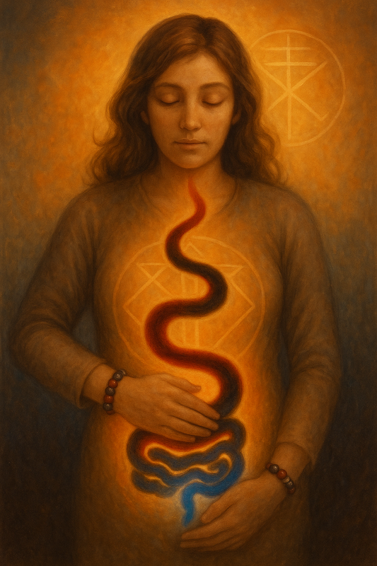 Une silhouette debout, les mains posées sur le ventre, un fil lumineux rouge-noir-bleu qui serpente autour de l’intestin comme un serpent guérisseur Lithothérapie