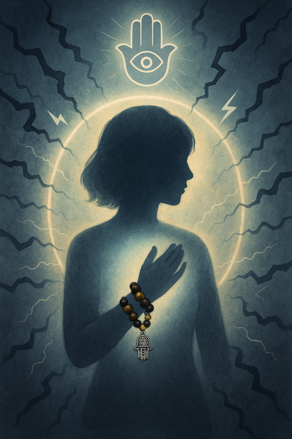 silhouette entourée d’un cercle lumineux protecteur, un œil Atlante ou une Hamsa suspendue dans l’air, et des éclairs sombres qui se dissipent en touchant ce champ de lumière protectrice Lithothérapie