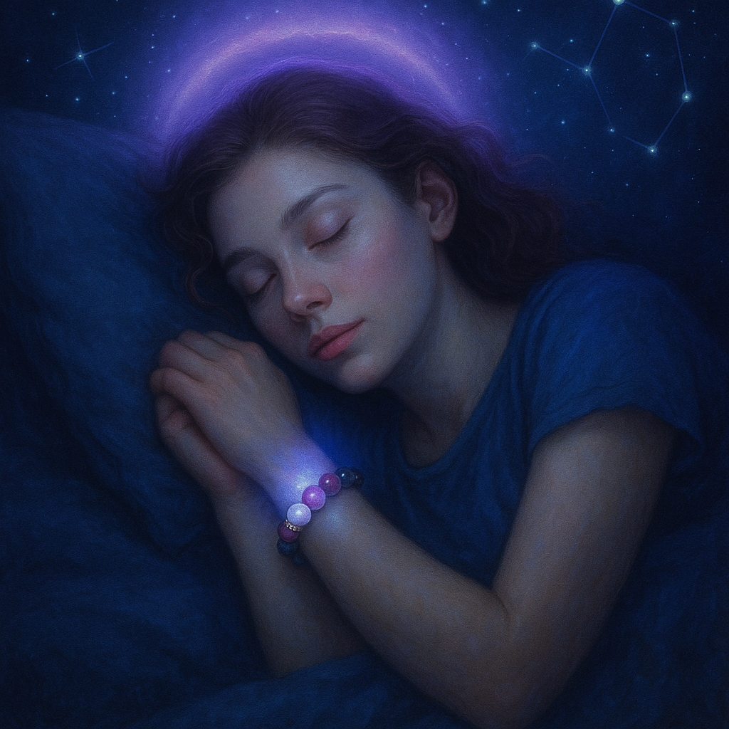 une femme endormie paisiblement, en lumière bleutée, avec une aura violette autour de la tête, un bracelet lumineux à son poignet, et un fond céleste avec des constellations 
Lithothérapie
