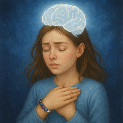 Femme apaisée portant un bracelet énergétique Lithothérapie illustration symbolique du calme mental, de la guérison émotionnelle et du pardon de soi