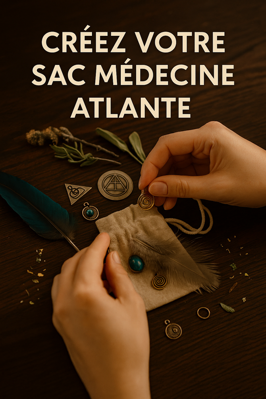 Atelier sacré de création de sac médecine, avec objets vibratoires, éléments naturels et ambiance chamanique Atlante.